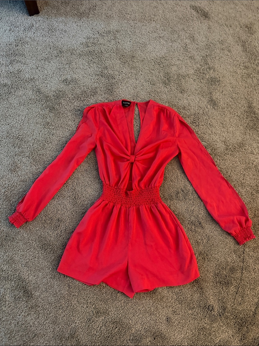 Bebe Red Long Sleeve Knot Front Romper